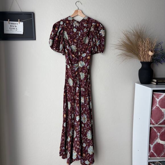 Ulla Johnson Dress‎ Silk Floral Puff Sleeve Red Ruched Heleen Midi Dress Size 0 - Picture 7 of 9